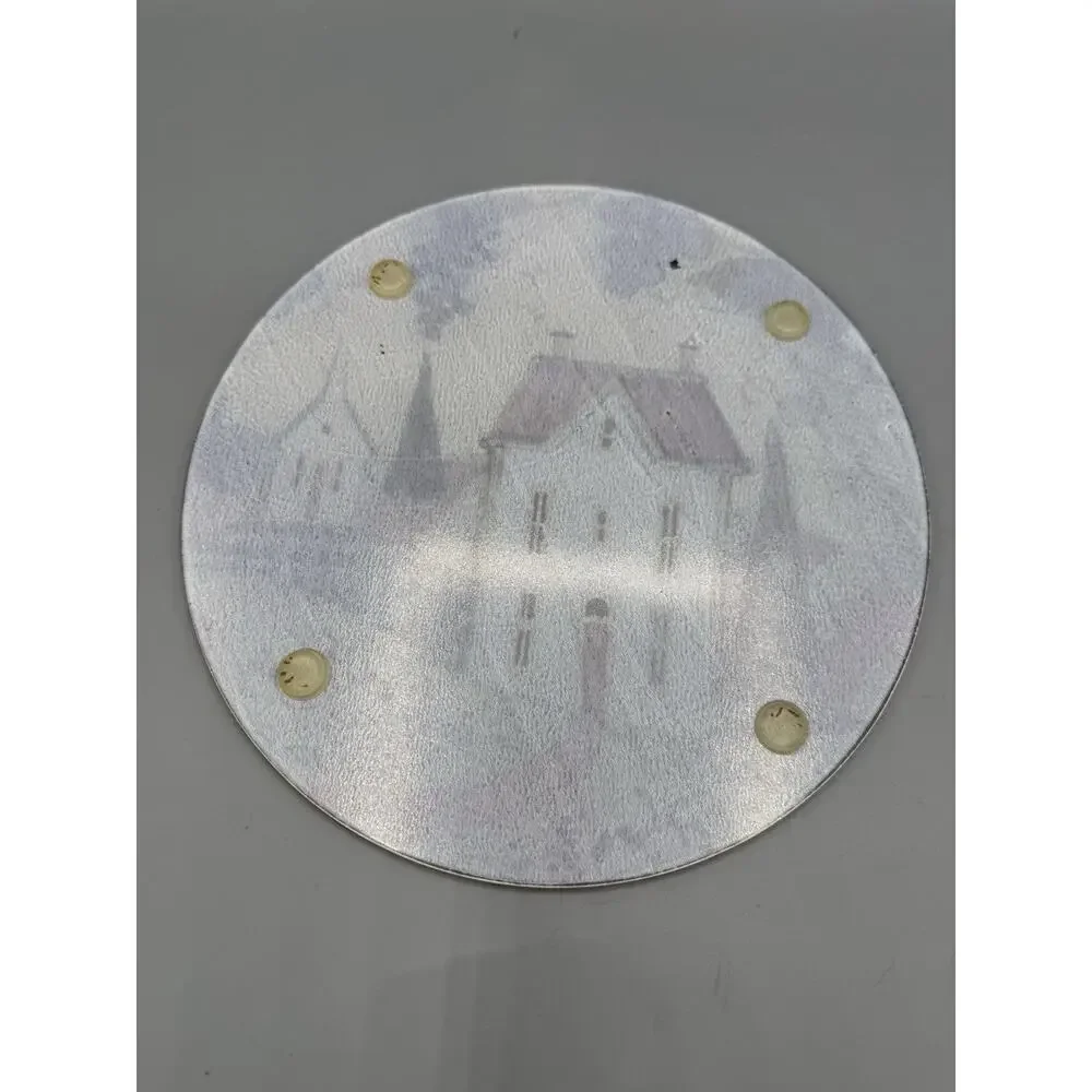 Vintage Round Glass Trivet Hot Plate Country Farmhouse Scene 7.5” Kitchen Decor